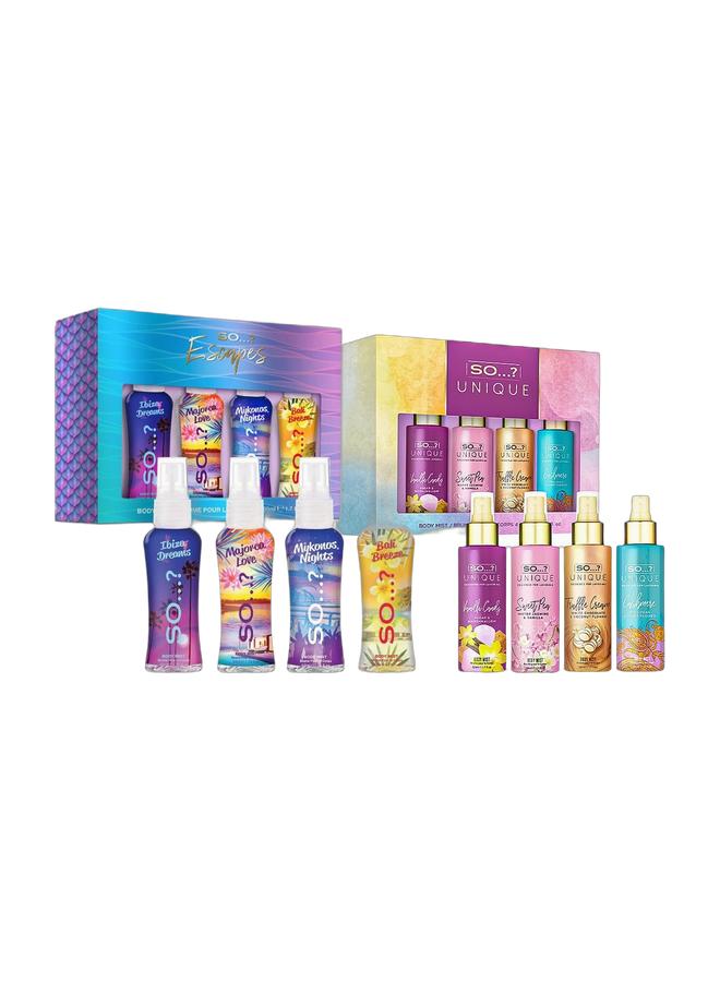 سو..؟ إذن...؟ مجموعة هدايا معطرات الجسم النسائية - عبوة من قطعتين (كل مجموعة تحتوي على 4 × 50 مل) | الهروب: إيبيزا دريم، بالي بريز، ميكونوس نايتس، مايوركا لوف + معطر صغير فريد: فانيليا كاندي، بازلاء حلوة، كريمة الكمأة، وكشمير | بخاخات عطرية طويلة الأمد برائحة الفواكه والزهور - Image 1