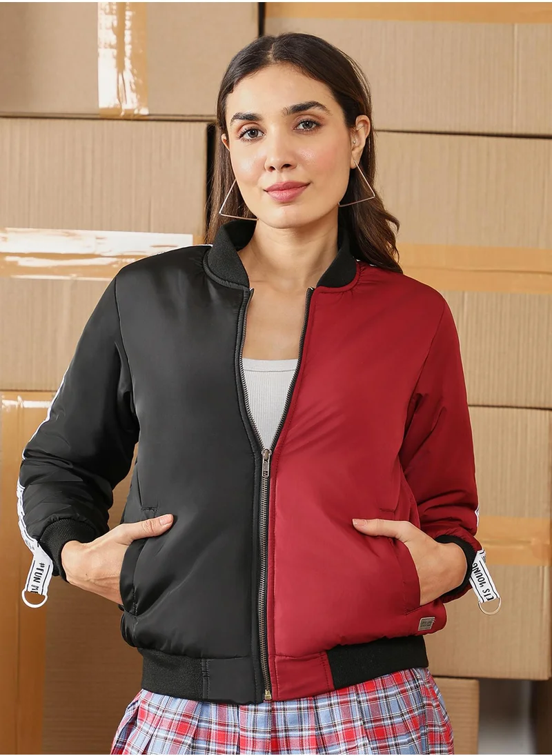 كامبوس سوترا Women's Brick Red & Onyx Black Zip-Front Block Bomber Jacket