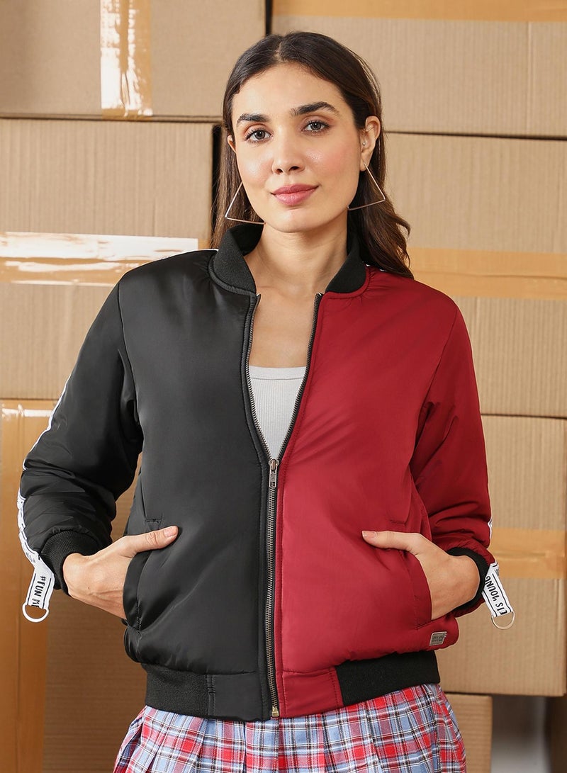كامبوس سوترا Women's Brick Red & Onyx Black Zip-Front Block Bomber Jacket  - Image 2