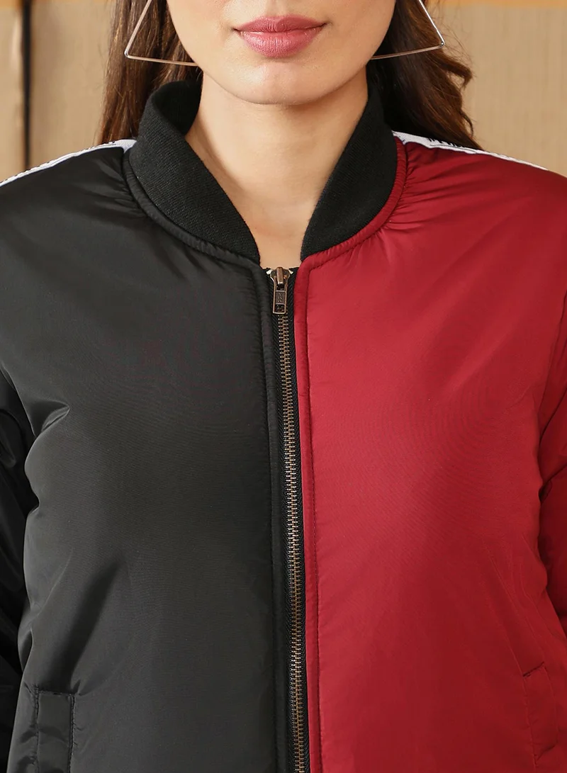 Campus Sutra Women's Brick Red & Onyx Black Zip-Front Block Bomber Jacket