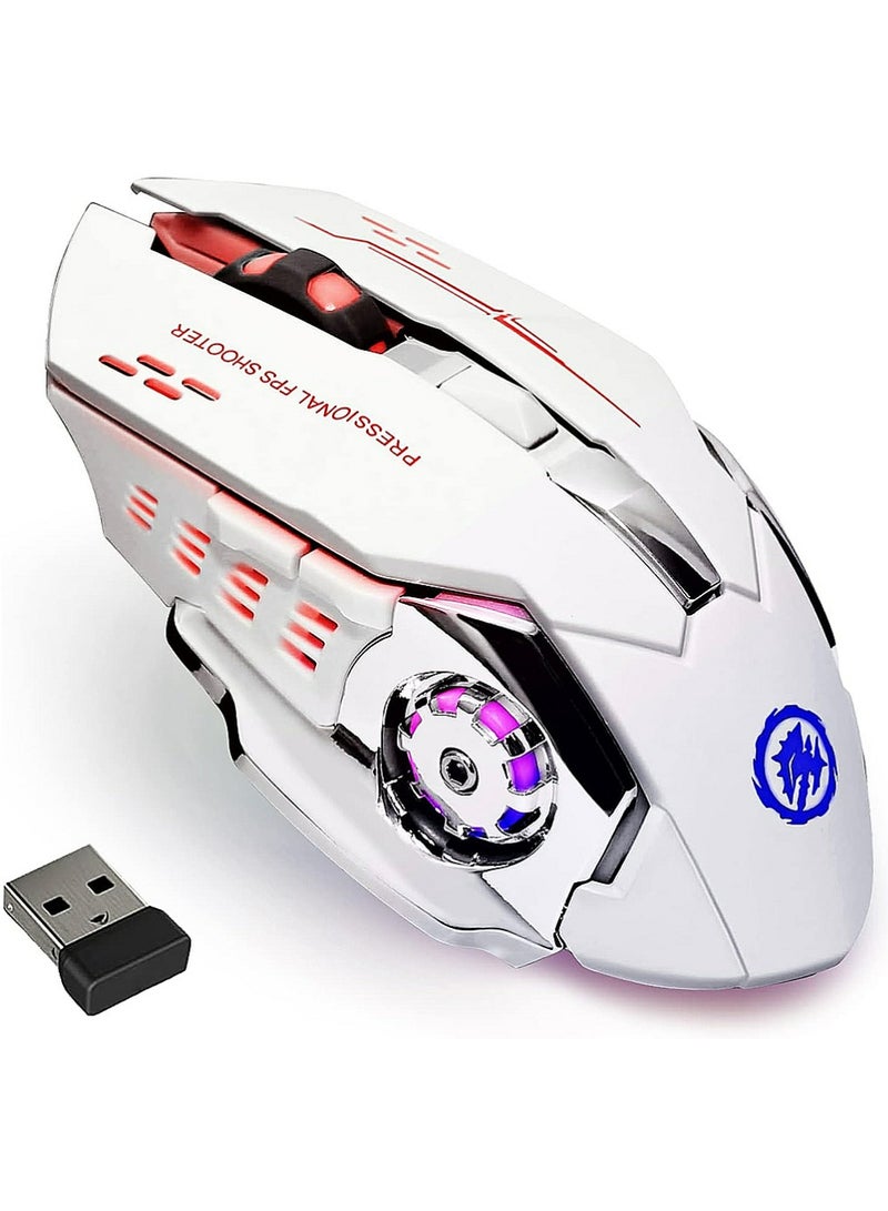 YOUGE Silent Wireless Bluetooth Gaming Mouse, 2.4GHz Rechargeable Silent Bluetooth Wireless Mouse for Gaming/Work, Computer Mice with USB Receiver,7-Color Backlight, 6 Buttons,White - Image 1