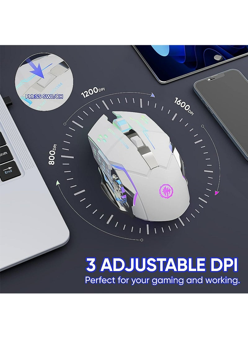 YOUGE Silent Wireless Bluetooth Gaming Mouse, 2.4GHz Rechargeable Silent Bluetooth Wireless Mouse for Gaming/Work, Computer Mice with USB Receiver,7-Color Backlight, 6 Buttons,White - Image 3