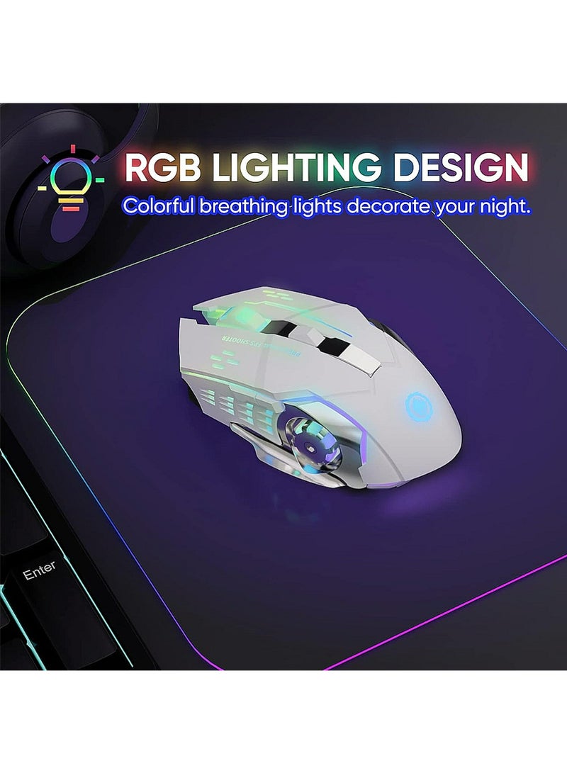YOUGE Silent Wireless Bluetooth Gaming Mouse, 2.4GHz Rechargeable Silent Bluetooth Wireless Mouse for Gaming/Work, Computer Mice with USB Receiver,7-Color Backlight, 6 Buttons,White - Image 4