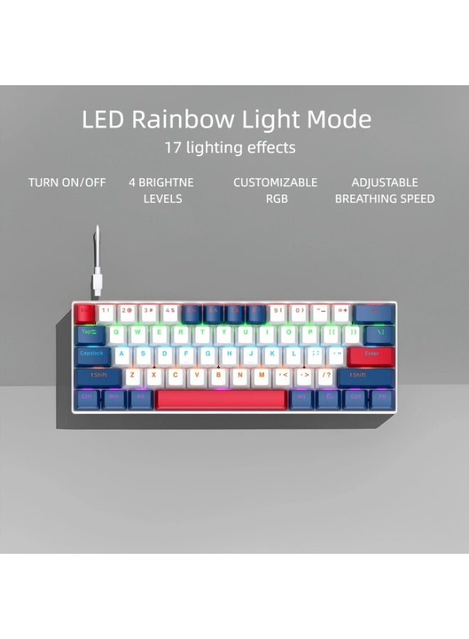 T-WOLF T60 green axis 61 key mechanical keyboard with 17 RGB backlit ultra compact mini keyboards, Type-C key cable separation, full key hot swappable 60% wired gaming keyboard, suitable for PC/Mac esports gamers, business travel portable keyboard (white and blue dual color mixing) - Image 3