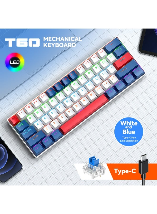 T-WOLF T60 green axis 61 key mechanical keyboard with 17 RGB backlit ultra compact mini keyboards, Type-C key cable separation, full key hot swappable 60% wired gaming keyboard, suitable for PC/Mac esports gamers, business travel portable keyboard (white and blue dual color mixing) - Image 2