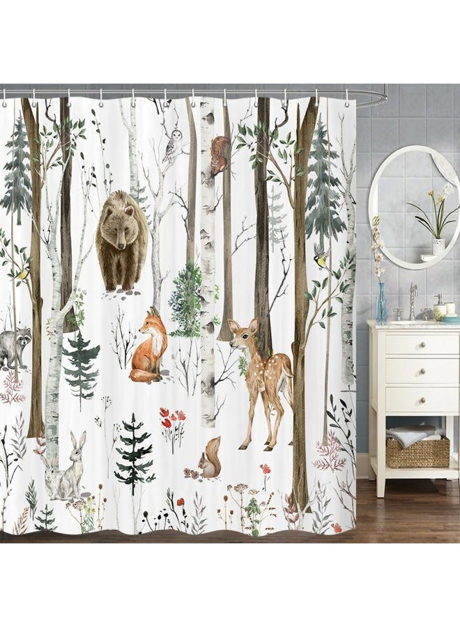 JAWO Rustic Forest Shower Curtain for Bathroom, Country Hunting Bear Deer Wild Animals Farmhouse Lodge Curtain, Cabin Nature Bathroom Set with Hooks, 70X70 Inch, White - Image 2