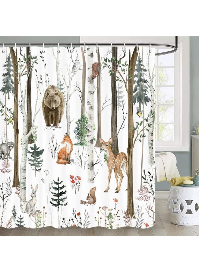 JAWO Rustic Forest Shower Curtain for Bathroom, Country Hunting Bear Deer Wild Animals Farmhouse Lodge Curtain, Cabin Nature Bathroom Set with Hooks, 70X70 Inch, White - Image 1