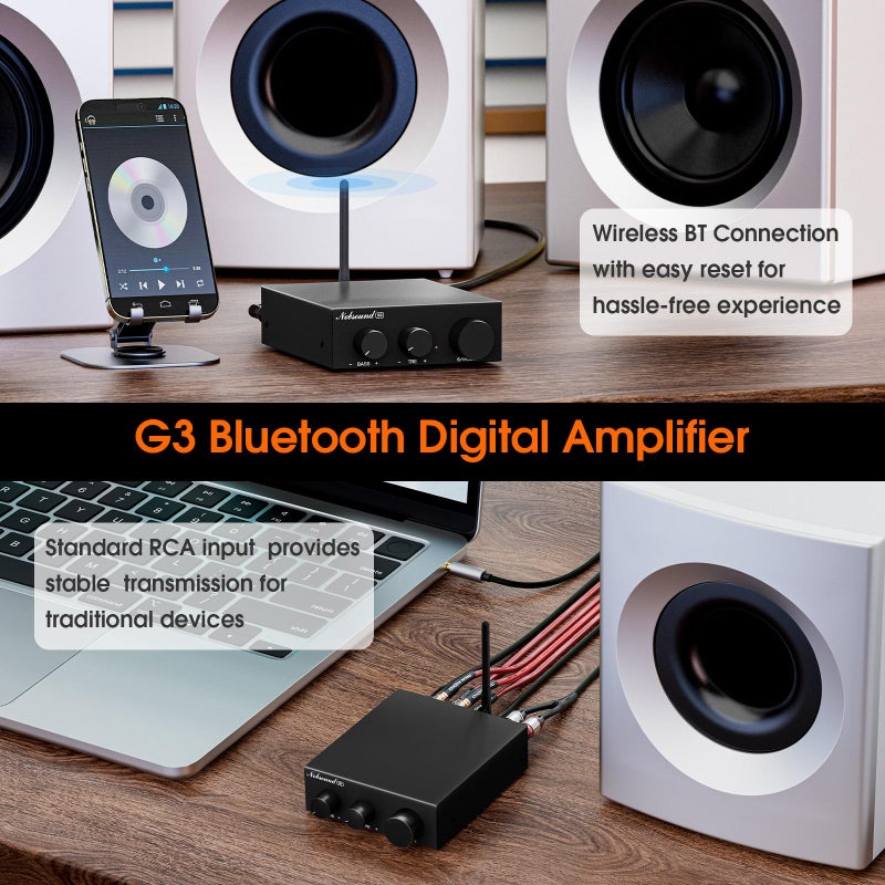 Nobsound G3 Bluetooth 5.0 Stereo Amplifier: Compact HiFi Power Amp for Home/Desktop Audio, Adjustable Bass/Treble, 2.1 Channel Pre-Out, RCA, Portable â€“ Audiophile Gift - Image 2