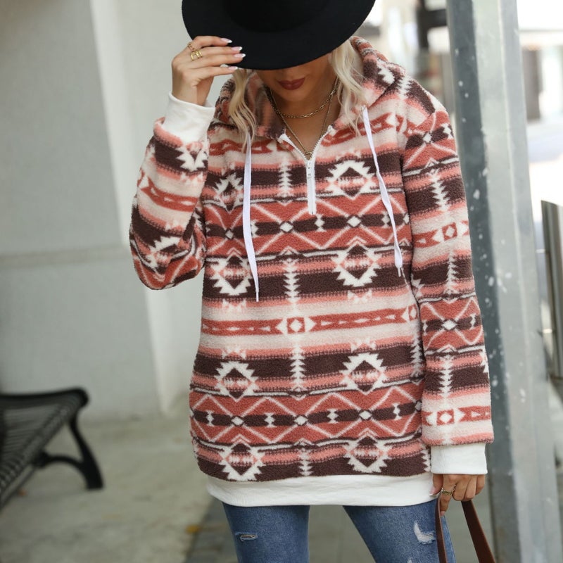 Geometric Print Plush Loose Half Zip Pullover Hoodie - Image 3
