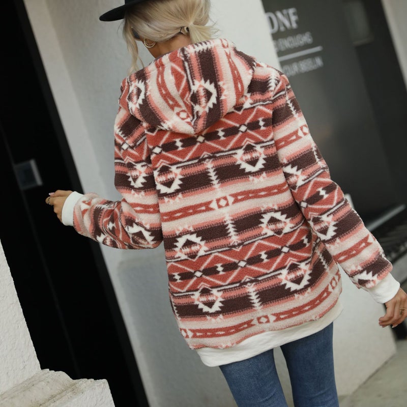 Geometric Print Plush Loose Half Zip Pullover Hoodie - Image 2