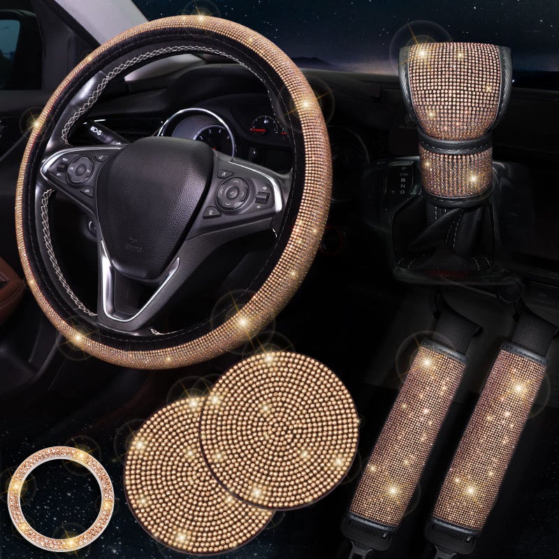 ToBeQueen Steering Wheel Cover Set 15 inch 7 Pack Crystal Rhinestone Diamond Bling Car Accessories Seat Belt Cover Gear Shift Push Start Button Cover Cup Coasters Champagne Gold