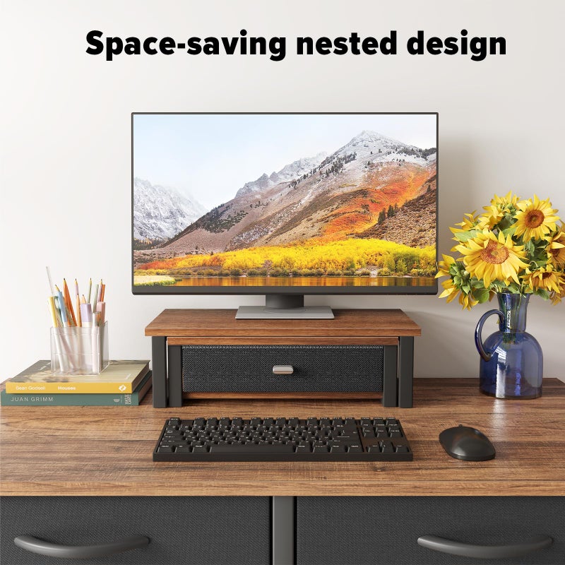 WOHOMO Dual Monitor Stand Riser with Drawers, Desk Organizers for 2 Monitors, Desktop Storage Stand for Computer,Laptop,Walnut - Image 5