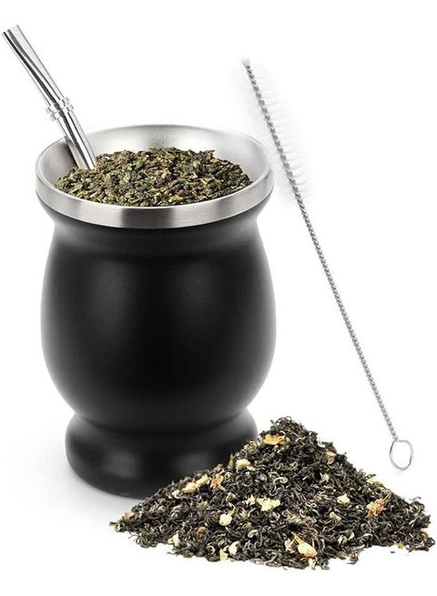 Yerba Mate Tea Cup Set, Mate Gourds Cup for Yerba Mate with Straws, Stainless Steel Double Wall Insulation Gourd Tea Cup Mate Straw Set, 8 Ounces (Black)