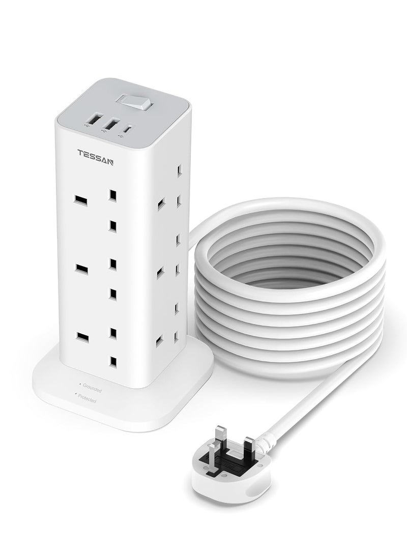 تيسان كابل تمديد برجي بطول 2 متر مع فتحات USB-C، مقبس تمديد TESSAN بـ 12 منفذًا مع 3 منافذ USB، قابس متعدد مع مفتاح (13 أمبير 3250 واط)، شريط طاقة مضاد للانزلاق، كابل تمديد برجي TESSAN 15 في 1، 12 منفذ تيار متردد، 2 USB-A، 1 USB-C للمكتب والمنزل والمدرسة ولوازم المطبخ، أبيض - Image 1