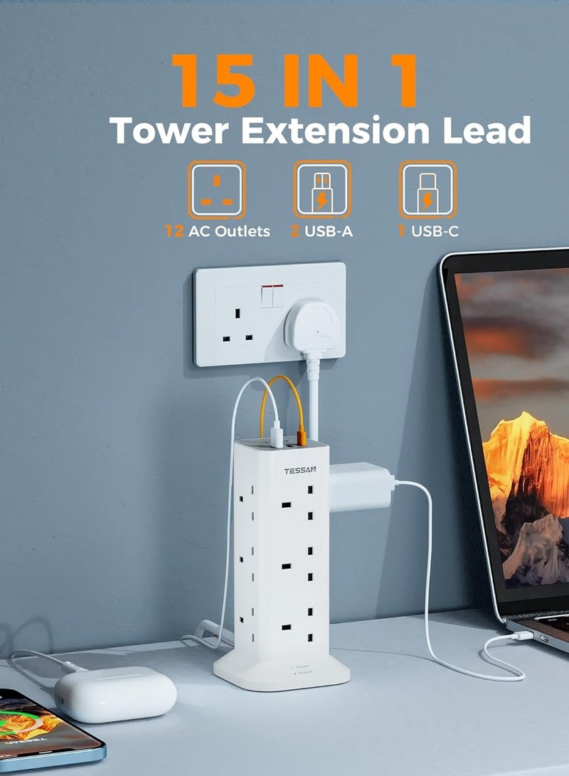 تيسان كابل تمديد برجي بطول 2 متر مع فتحات USB-C، مقبس تمديد TESSAN بـ 12 منفذًا مع 3 منافذ USB، قابس متعدد مع مفتاح (13 أمبير 3250 واط)، شريط طاقة مضاد للانزلاق، كابل تمديد برجي TESSAN 15 في 1، 12 منفذ تيار متردد، 2 USB-A، 1 USB-C للمكتب والمنزل والمدرسة ولوازم المطبخ، أبيض - Image 2