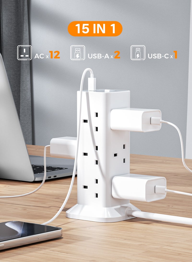 تيسان كابل تمديد برجي بطول 2 متر مع فتحات USB-C، مقبس تمديد TESSAN بـ 12 منفذًا مع 3 منافذ USB، قابس متعدد مع مفتاح (13 أمبير 3250 واط)، شريط طاقة مضاد للانزلاق، كابل تمديد برجي TESSAN 15 في 1، 12 منفذ تيار متردد، 2 USB-A، 1 USB-C للمكتب والمنزل والمدرسة ولوازم المطبخ، أبيض - Image 4
