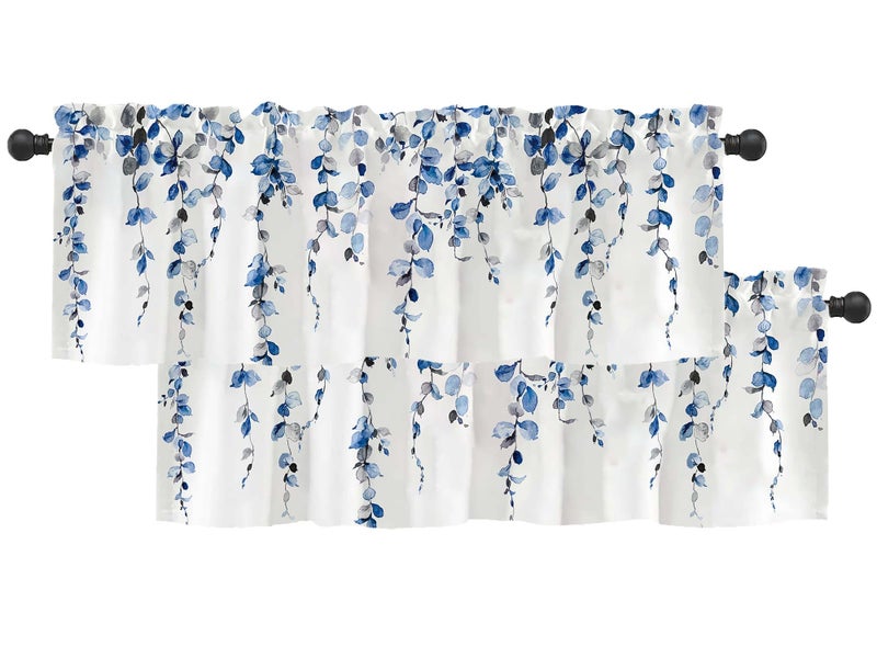 debraleye 2 Pack Watercolor Blue Leaves Window Valance for Bedroom Living Room  Leaf Vine Plant Curtains Valanes for Windows  3"" Rod Pocket Window Treatment for Season Home Decorations  54 x 18 Inch  2 Panel - Image 1