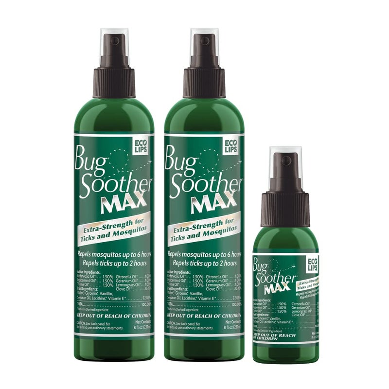Bug Soother MAX - Extra Strength Natural Gnat, Tick, and Mosquito Repellent, 2 Pack 8 fl oz w/Free 1 oz. DEET-Free Bug Spray Deterrent - Safe for Adults & Environment - Made in USA - Image 1