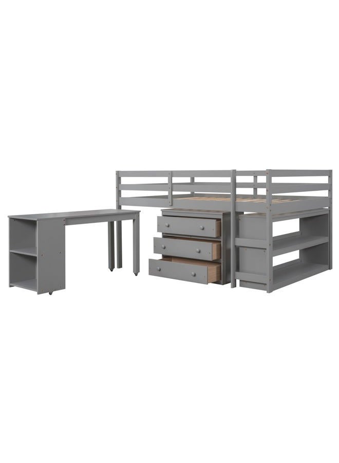 Merax Solid Wood Full-Size Low Loft Bed Frame with Ladder for Kids Bunk, Cabinet + Desk, Pure Gray - Image 3