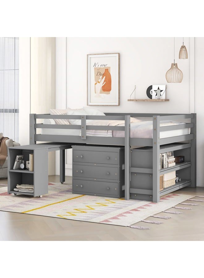 Merax Solid Wood Full-Size Low Loft Bed Frame with Ladder for Kids Bunk, Cabinet + Desk, Pure Gray - Image 1