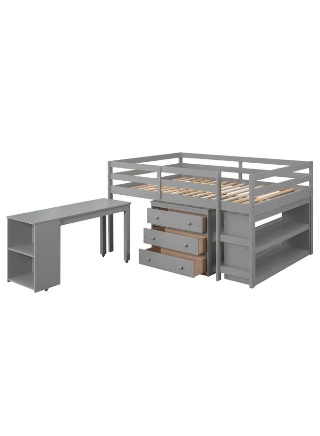 Merax Solid Wood Full-Size Low Loft Bed Frame with Ladder for Kids Bunk, Cabinet + Desk, Pure Gray - Image 4