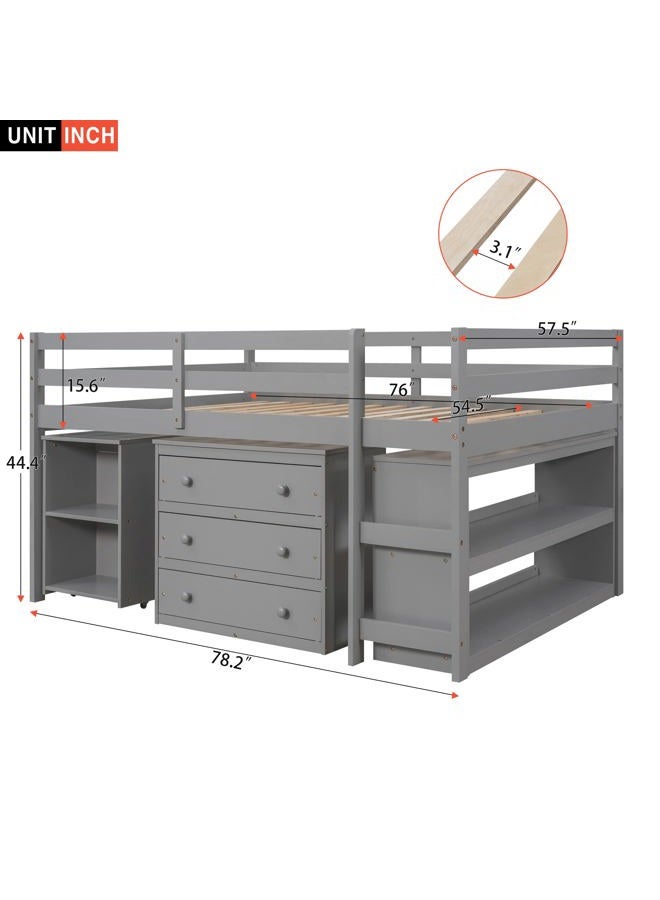 Merax Solid Wood Full-Size Low Loft Bed Frame with Ladder for Kids Bunk, Cabinet + Desk, Pure Gray - Image 5