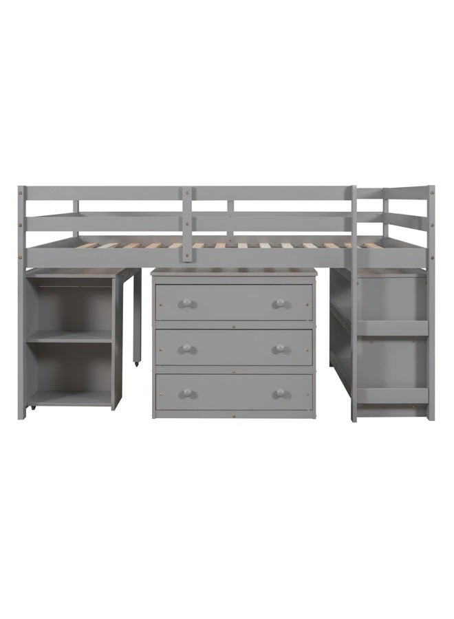 Merax Solid Wood Full-Size Low Loft Bed Frame with Ladder for Kids Bunk, Cabinet + Desk, Pure Gray - Image 2