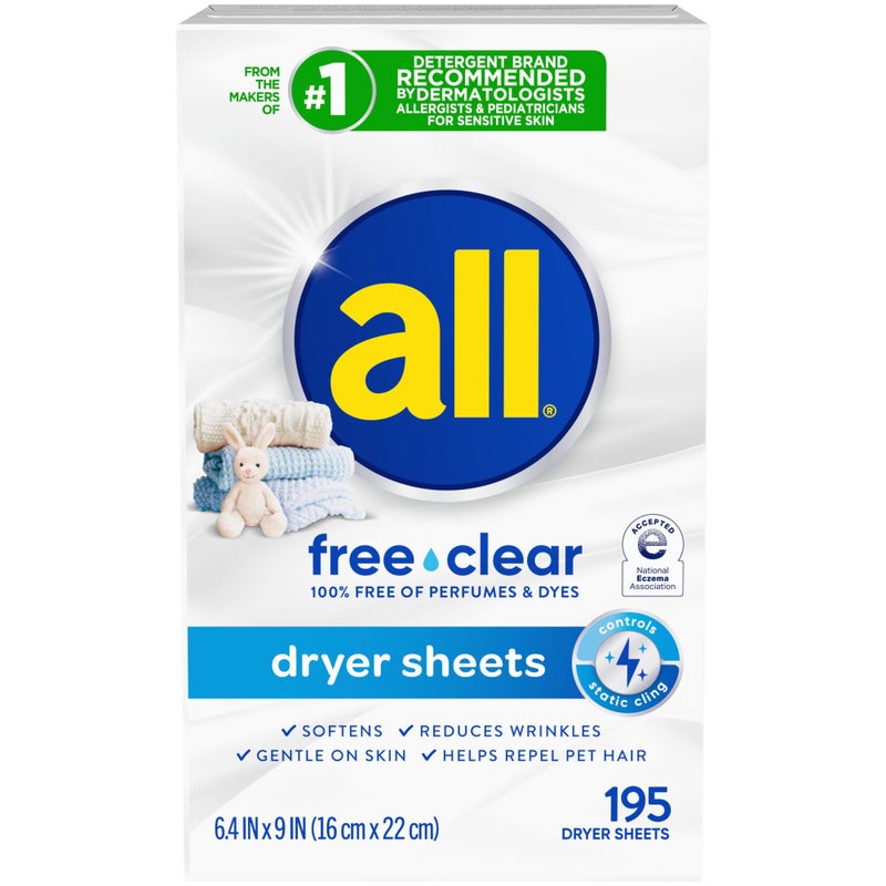 all Fabric Softener Dryer Sheets for Sensitive Skin, Free Clear, 195 Count - Image 5
