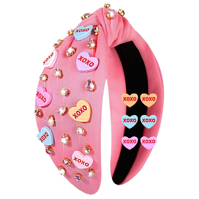 PHALIN Valentineâ€™s Day Headband for Women Love XOXO Heart Headbands Jeweled Conversation Heart Knotted Headband Pink Red Rhinestone Crystal Top Knot Headbands Valentineâ€™s Day Accessories Gifts (Pink Set 2) - Image 1