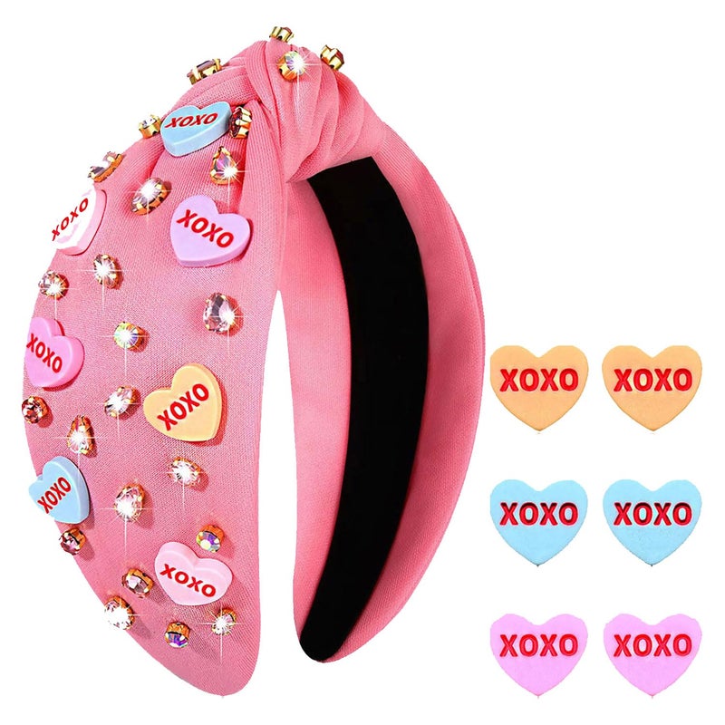 PHALIN Valentineâ€™s Day Headband for Women Love XOXO Heart Headbands Jeweled Conversation Heart Knotted Headband Pink Red Rhinestone Crystal Top Knot Headbands Valentineâ€™s Day Accessories Gifts (Pink Set 2) - Image 2