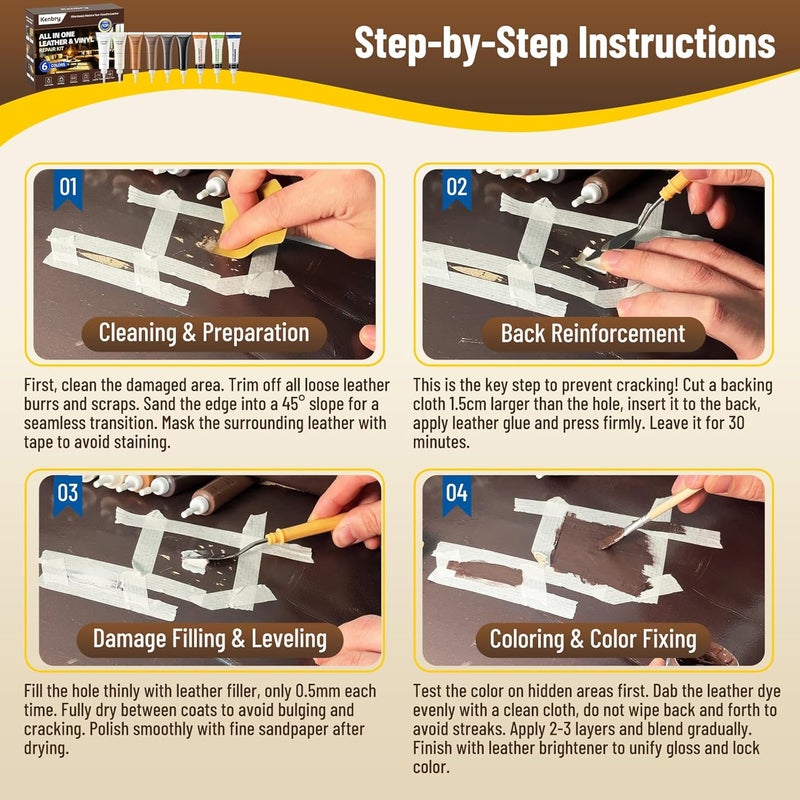 Kenbry Leather Repair Kit, Vinyl Repair Kit for Car Seat, Couch & Furniture, Leather Filler & Scratch Repair for Auto Interior, Leather & Vinyl Restoration - Image 5