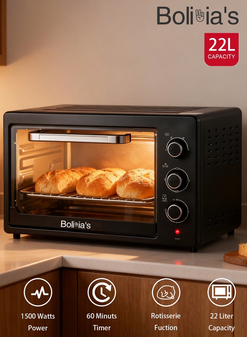 Bolivia's 22 Liter Electric Oven,  Adjustable Temperature (100-250°C), 60-Min Timer with Bell Ring, 3 Heating Stages, Durable Stainless Steel Heating Elements, Indication Light 22 L 1500 W - Image 1