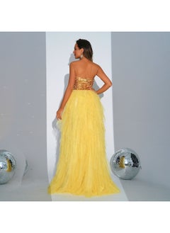Madam Uniq New Women's Yellow High-End Sleeveless Sequin Wrap Dress with Flared Skirt for Evening Parties  - Image 2