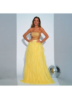 Madam Uniq New Women's Yellow High-End Sleeveless Sequin Wrap Dress with Flared Skirt for Evening Parties  - Image 5