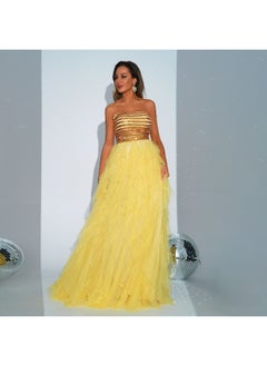 Madam Uniq New Women's Yellow High-End Sleeveless Sequin Wrap Dress with Flared Skirt for Evening Parties  - Image 4