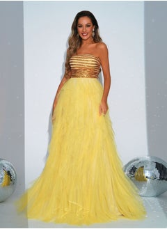 Madam Uniq New Women's Yellow High-End Sleeveless Sequin Wrap Dress with Flared Skirt for Evening Parties  - Image 1