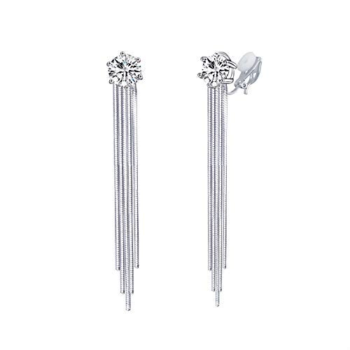 YOQUCOL 7MM Bright Cubic Zirconia Crystal Tassel Dangle Clip On Long Drop Non Pierced Wedding Earrings For Women - Image 1