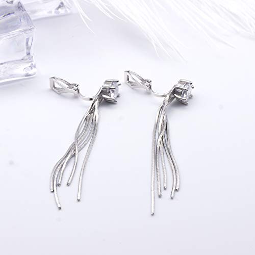 YOQUCOL 7MM Bright Cubic Zirconia Crystal Tassel Dangle Clip On Long Drop Non Pierced Wedding Earrings For Women - Image 4