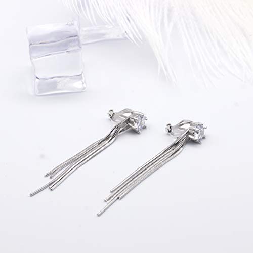 YOQUCOL 7MM Bright Cubic Zirconia Crystal Tassel Dangle Clip On Long Drop Non Pierced Wedding Earrings For Women - Image 3