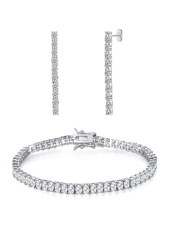 MDFUN Tennis Bracelet and Dangle Earrings Set 14K White Gold Plated, 3mm Round Cut Cubic Zirconias Jewelry Set for Women Men, 7 inches - Image 1