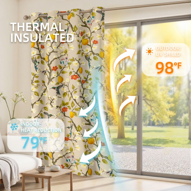 Tyrot Floral Curtains 100% Blackout, Vintage Hummingbird Black Out Curtain 96 Inches Long, Patterned Thermal Insulated Window Drapes 2 Panels, Grommet Room Darkening Curtains for Living Room Bedroom, Khaki - Image 4