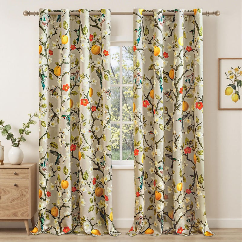 Tyrot Floral Curtains 100% Blackout, Vintage Hummingbird Black Out Curtain 96 Inches Long, Patterned Thermal Insulated Window Drapes 2 Panels, Grommet Room Darkening Curtains for Living Room Bedroom, Khaki - Image 2