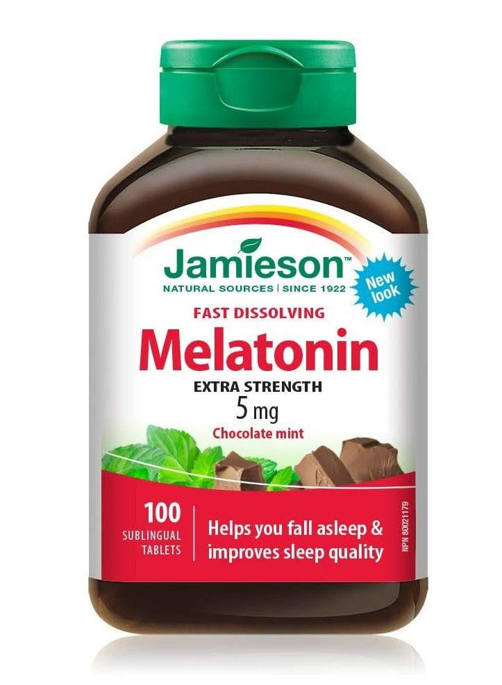 Jamieson Melatonin 5 mg Extra Strength - Chocolate Mint Flavour Fast Dissolving Tablets, 100 Count (Pack of 1)