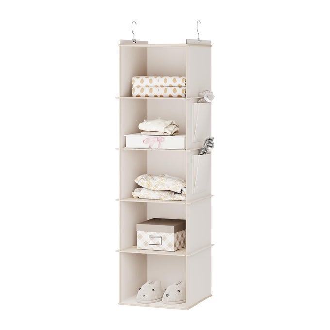 HANGING STORAGE 5 SHELVES CLOSET ORGANIZERS AND STORAGE FOLDABLE HANGING SHELVES WITH SIDE POCKETS WARDROBE STORAGE ORGANIZER FOR CLOTHES BEIGE