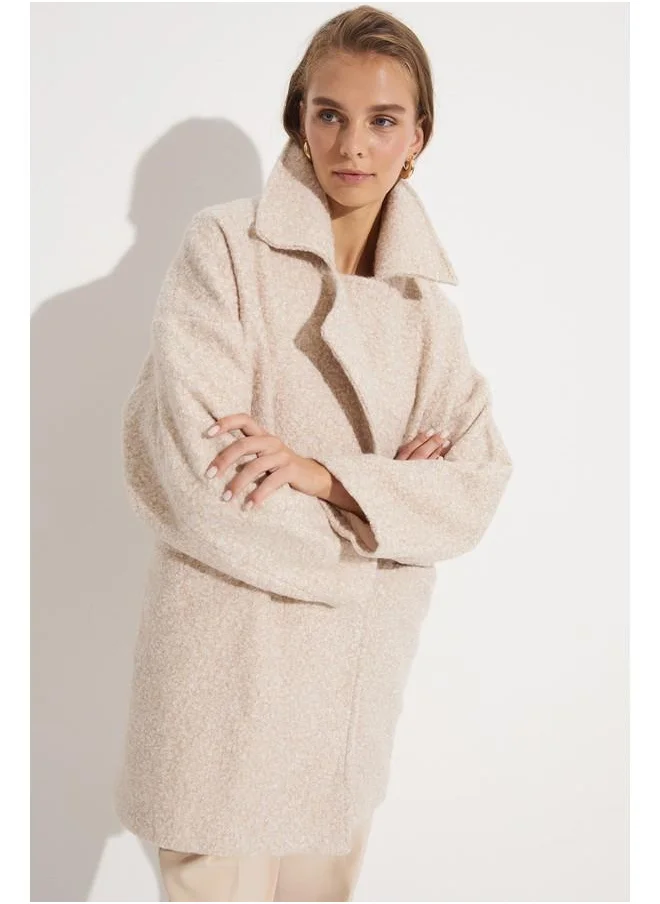 جون June Exclusive Wool Blend Double Breasted Coat Beige