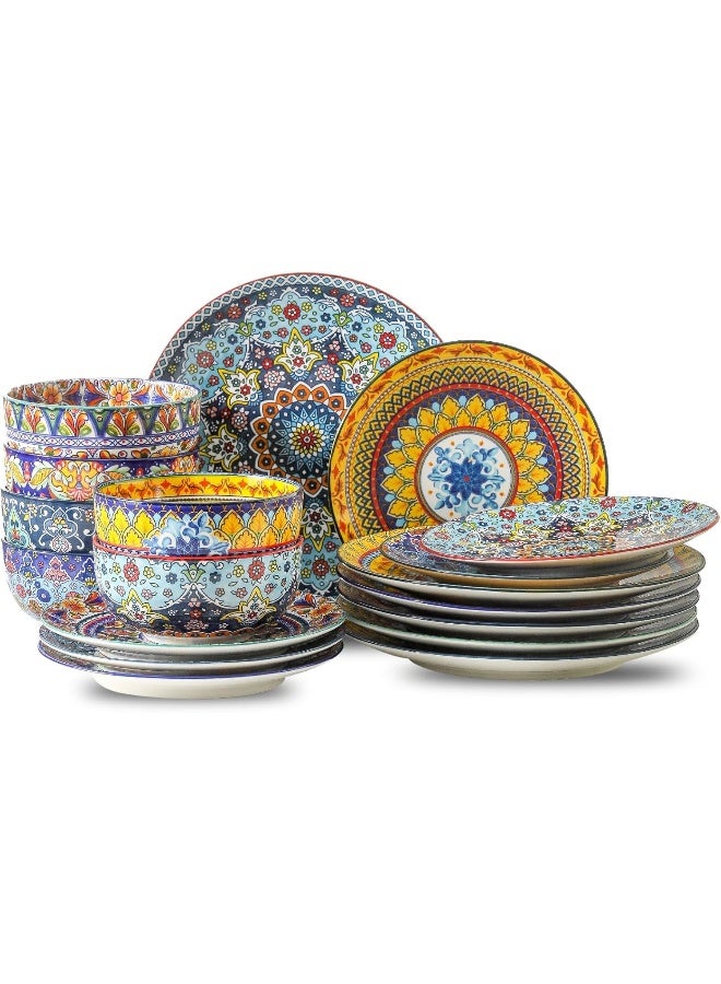 Glowworm Dinnerware Sets for 6 18 Pieces Plates and Bowls Set Ceramic Dishes Set for 6 Oven Microwave Dishwasher Safe Scratch Resistant Bohemian - Image 1