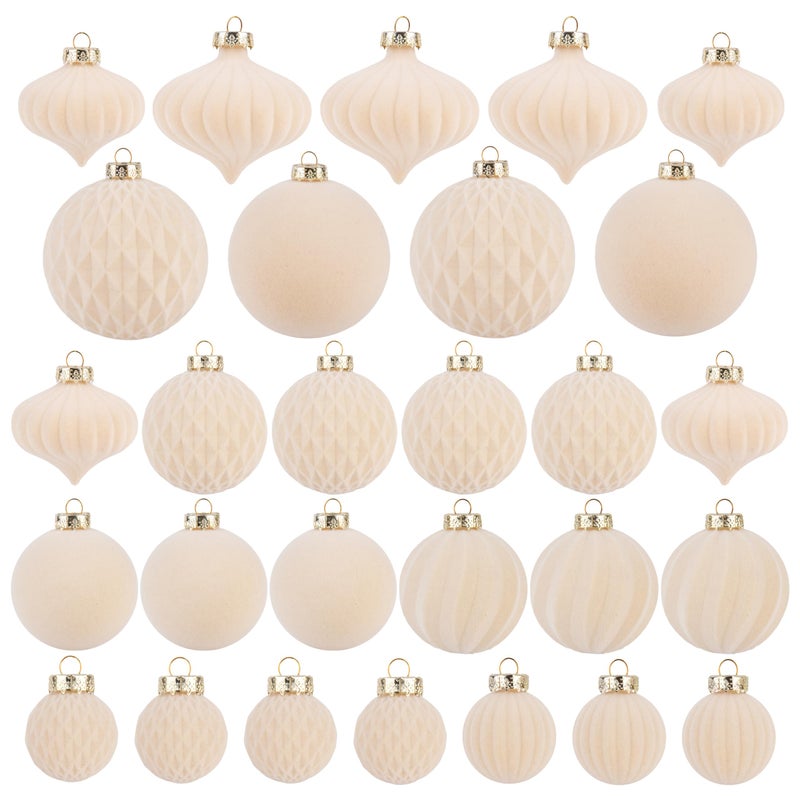VTYEPOU Flocked Ornaments For Christmas Tree Decorations - 28Pcs Cream Velvet Ball Ornament For Xmas Holiday Decor - Plastic Shatterproof Christmas Ornaments Bulk - Image 1