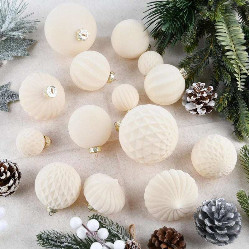 VTYEPOU Flocked Ornaments For Christmas Tree Decorations - 28Pcs Cream Velvet Ball Ornament For Xmas Holiday Decor - Plastic Shatterproof Christmas Ornaments Bulk - Image 3