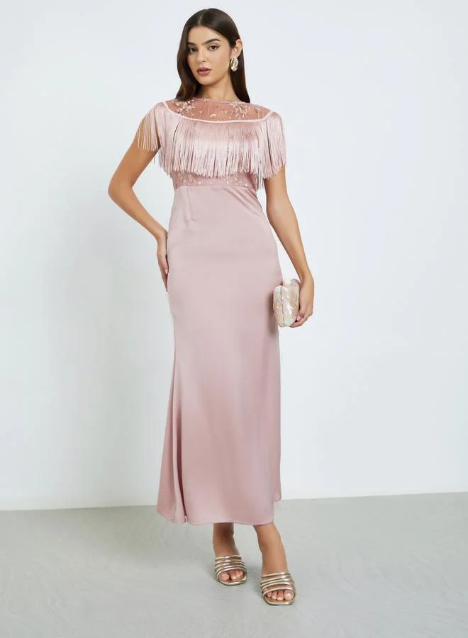 Lace Boat Neck with Fringe Detail Mermaid Hem Maxi Dress
