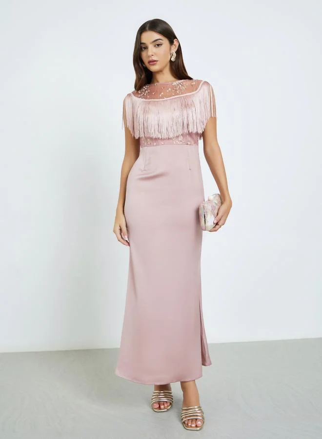 Styli Lace Boat Neck with Fringe Detail Mermaid Hem Maxi Dress